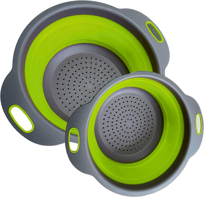 3PCS Green Foldable Kitchen Strainer Set – Silicone Colander Collapsible Strainers and Colanders Green Collander for Kitchen Collapsible Compact Drain Tools for Cooking Prep