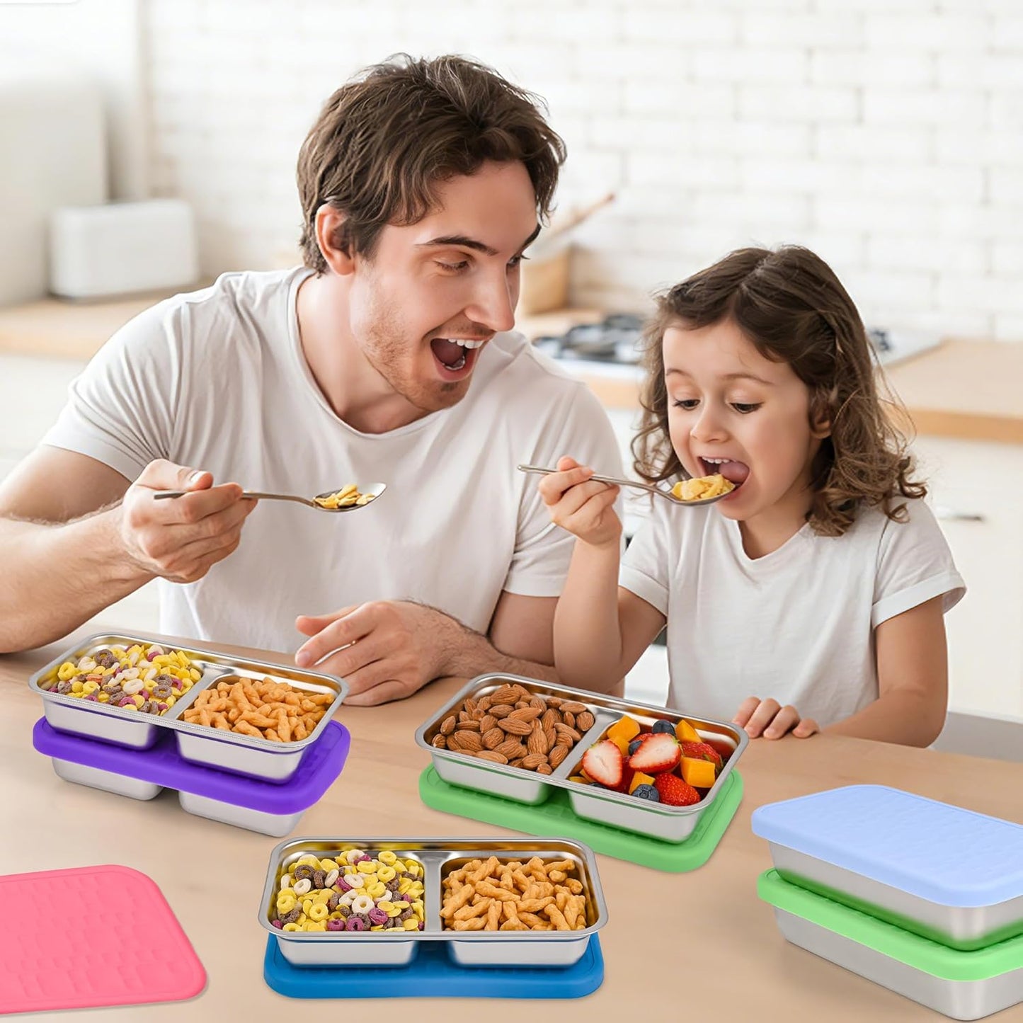 4 Pack Stainless Steel Snack Containers Set, Mixed Single & 2 Compartment Bento Boxes with Silicone Lids, Leakproof Food Storage for Meal Prep, Lunch, Travel, Picnic, Camping, Kitchen Organization