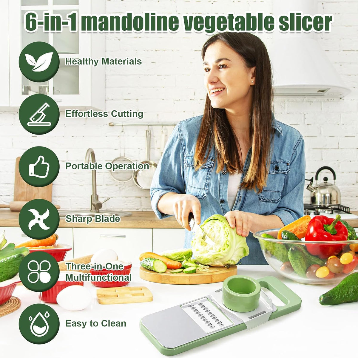6-in-1 Mandoline Slicer for Kitchen with Interchangeable Blades, Multi-Veggie Cutter, Food Chopper with Stainless Steel Blades, Safe Hand Guard, Ideal for Salad, Meal Prep & Healthy Cooking