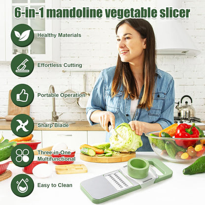 6-in-1 Mandoline Slicer for Kitchen with Interchangeable Blades, Multi-Veggie Cutter, Food Chopper with Stainless Steel Blades, Safe Hand Guard, Ideal for Salad, Meal Prep & Healthy Cooking