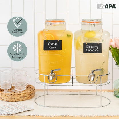 Ilyapa 2 Gallon Glass Beverage Dispenser, Metal Base, Stainless Steel Spigot & Hanging Chalkboard - for Lemonade, Tea, Cold Water & More