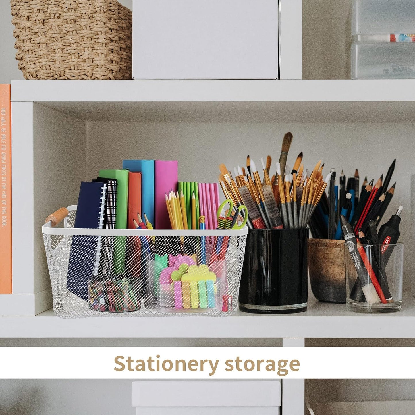 2Pack Metal Mesh Steel Basket with Bamboo Handle - Wire Metal Basket for Kitchen Organization, 12" Wide Food Organizer Bin, Perfect for Organizing Bulk Pantry (WHITE)