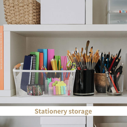 2Pack Metal Mesh Steel Basket with Bamboo Handle - Wire Metal Basket for Kitchen Organization, 12" Wide Food Organizer Bin, Perfect for Organizing Bulk Pantry (WHITE)