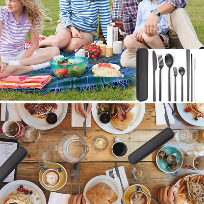 AARAINBOW 6 Pieces 18/8 Stainless Steel Flatware Set Portable Reusable Cutlery Set Travel Utensils Set Including Chopsticks Knife Fork Spoon Straws Cleaning Brush Dishwasher Safe (Green golden)
