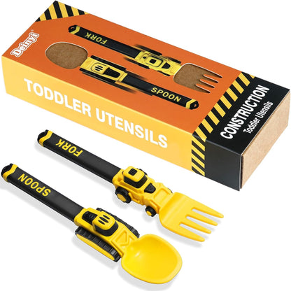 Deinyi Construction Toddler Utensils - Reusable Plastic Toddler Fork and Spoon & Storage Case - Suitable for Kids Utensils - Easter Gifts and Birthday Gifts for 1 2 3 4 5 6 7 year old, Yellow