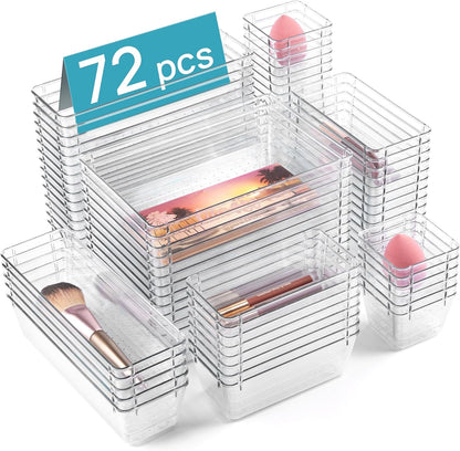 Vtopmart 25 PCS Clear Plastic Drawer Organizers Set, 4-Size Versatile Bathroom and Vanity Drawer Organizer Trays, Storage Bins for Makeup, Bedroom, Kitchen Gadgets Utensils and Office