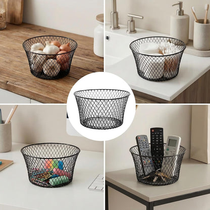 6 Pack Metal Wire Baskets for Kitchen Storage, Modern Black Countertop Fruit Bowl, Round Produce Organizer, Multi-Purpose for Fruits, Snacks, Breads