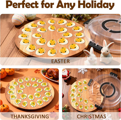 Deviled Egg Containers with Lid, 24 Holes Round Deviled Egg Platter for Party and Kitchen, Charcuterie Board Food Serving Container Holder for Countertop Carrier Supply, House Warming Gifts New Home
