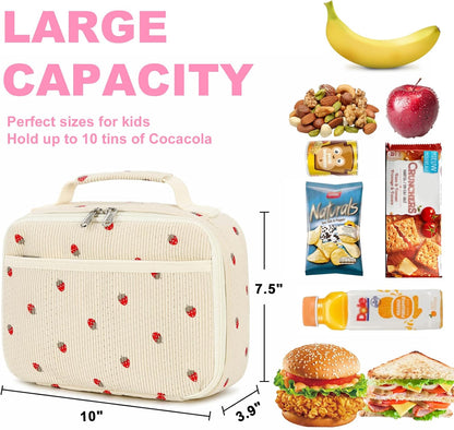 Bluboon Insulated Lunch Bag for Girls & Boys, Corduroy School Lunch Box with Cooler & Organizer Compartments, Leak-Proof Lunch Tote for School, Travel (Corduroy Strawberries Beige)