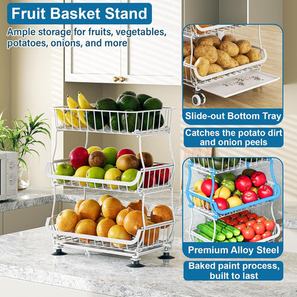 OKZEST 3-Tier Rolling Pantry Floor Organizer and Storage Cart with Wheels, Stackable Wire Pantry Baskets for Pantry Shelves, Kitchen Storage Rack and Fruit Basket Stand for Fruit Snack Onion Potato