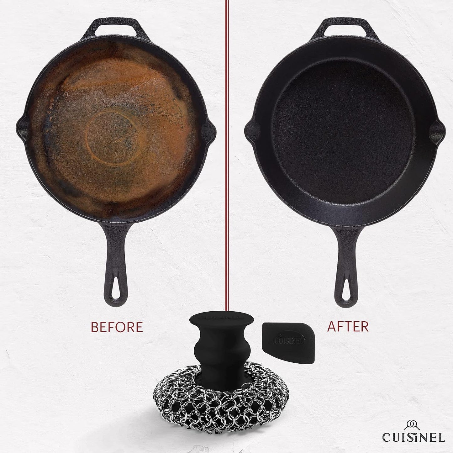 Cuisinel Cast Iron Scrubber Cleaning Brush + Pan/Grill Scraper - Skillet and Grill Cleaner Kit - Soft-Touch Confident-Grip Dish Scrub Tool - Tough on Grease, Gentle on Metal and Non-Stick Cookware