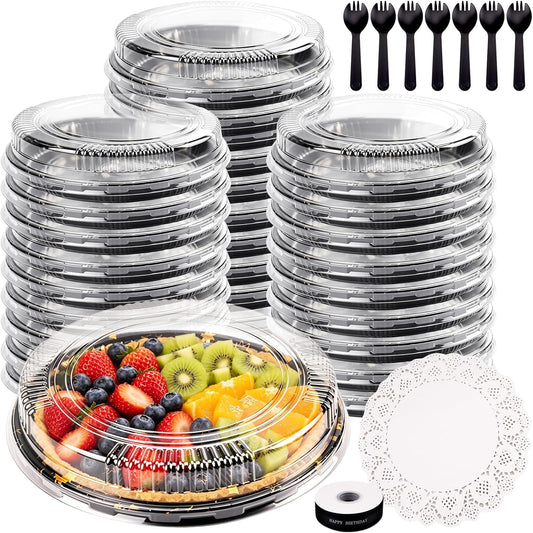 30 Pack 10 Inch Disposable Pie Carrier with Lid, Round Pie Platters Plastic Serving Tray, Catering Trays with Lids for Pies, Pizza, Desserts (Black Bottom + Clear Lid)