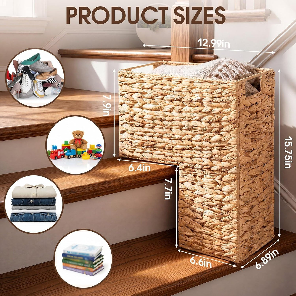 Cinnvoice 2 Pack Stair Storage Baskets 15'' Water Hyacinth Carpeted Wooden Step Bins with Handles for Toys Books Staircase Storage Home Organization