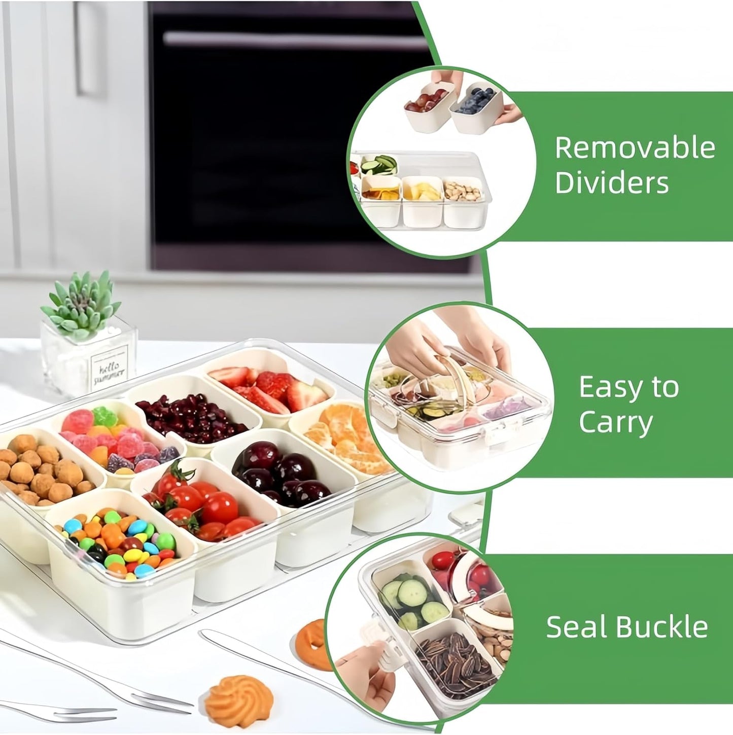 Divided Serving Tray with Lid and Handle - Snackle Box Charcuterie Container for Portable Snack Platters - Clear Organizer for Candy, Fruits, Nuts, Snacks