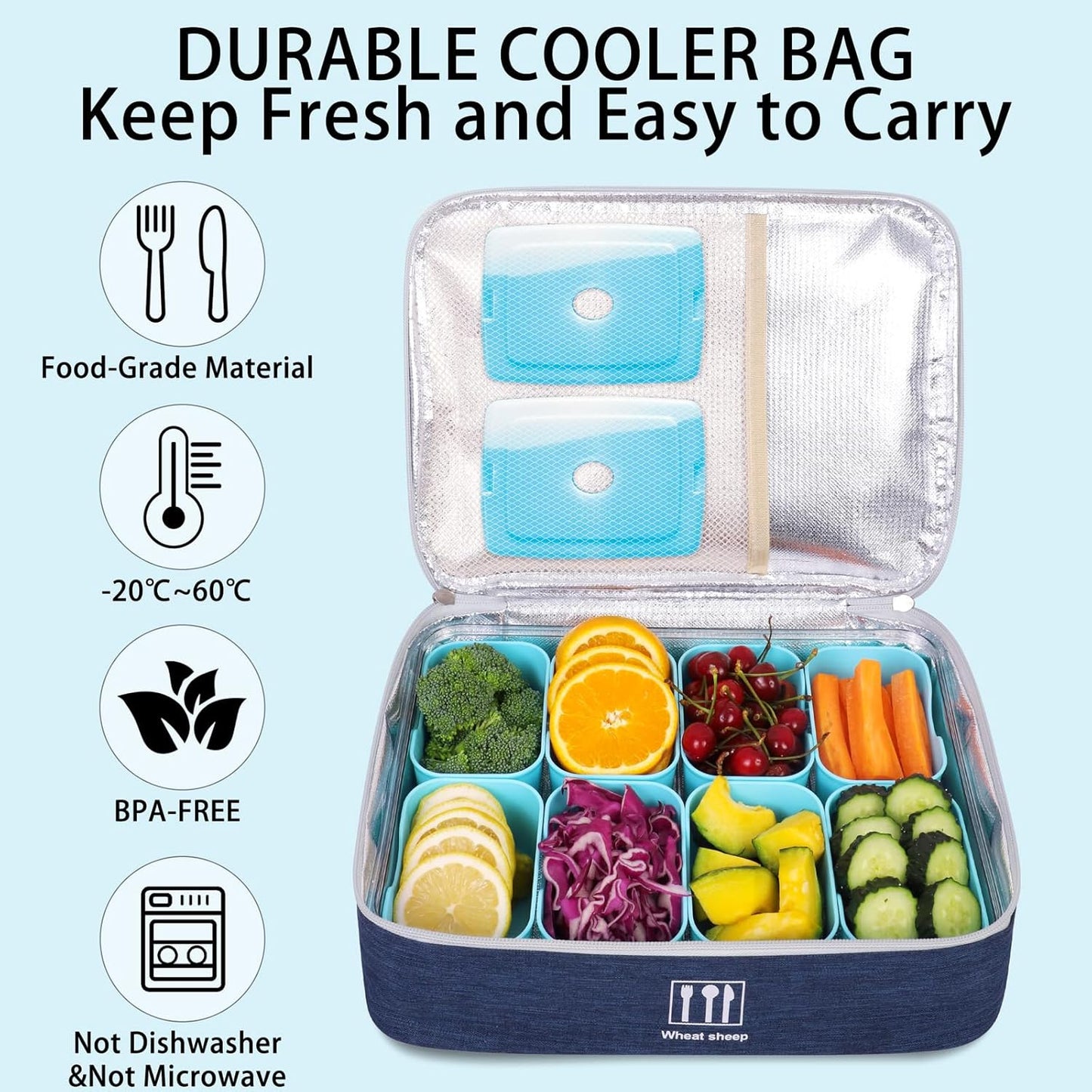 Snack Box Container with Insulated Cooler Bag, Divided Serving Tray with Lid and Handle Beach Essentials, Snackle Box Veggie Fruit Tray with 8 Compartments & 8 Forks & 2 Spoon
