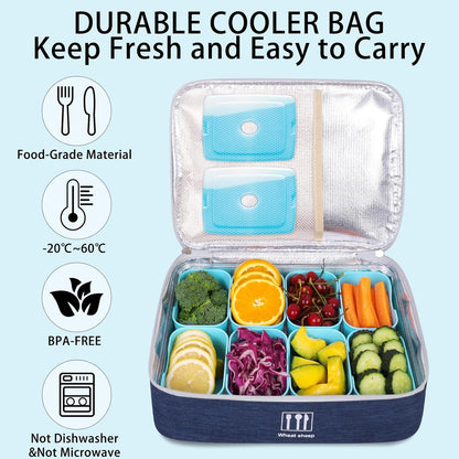 Snack Box Container with Insulated Cooler Bag, Divided Serving Tray with Lid and Handle Beach Essentials, Snackle Box Veggie Fruit Tray with 8 Compartments & 8 Forks & 2 Spoon