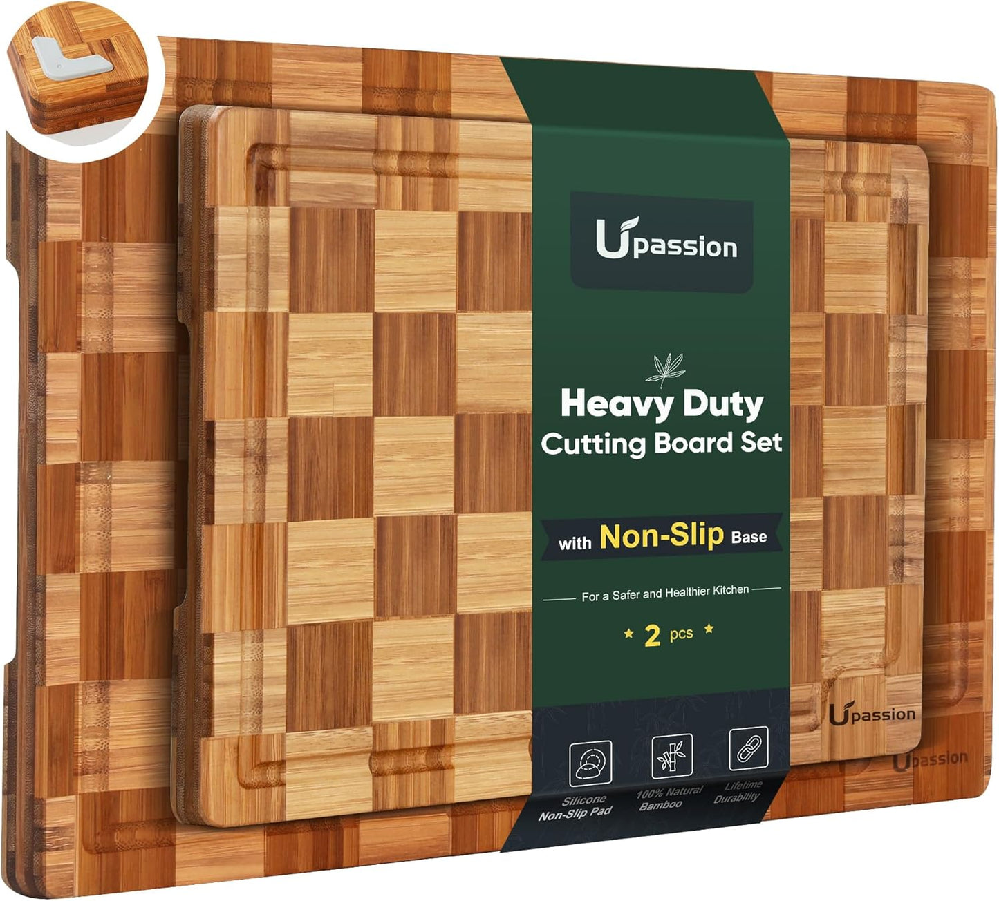 Heavy Duty Bamboo Cutting Board Set 3 Pack Non Toxic Juice Groove Charcuterie Board Book Wood Cutting Boards for Kitchen Solid End Grain Wood Chopping Board Large Butcher Block