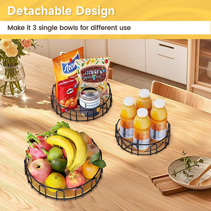 PouHenier.jh 3 Tier Rotating Fruit Basket Bowl, Kitchen Counter Wire Produce Organizer Holder, Stable Vegetable Storage Stand with 2 Banana Hangers, Countertop Tiered Veggie Rack, Easy Setup, Black