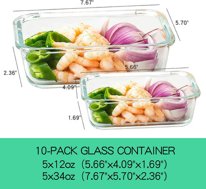 UMEIED 10 Pack Glass Food Storage Containers with Lids, Leakproof Airtight Glass Meal Prep Containers For Lunch, On The Go, Leftover, Dishwasher Safe