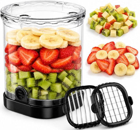 Hendiy 2-in-1 Fruit Slicer Cup, Stainless Steel | Strawberry Slicer Dicer, With Lid & Push Plate, Portable Kitchen Gadget, For Strawberry Banana Grape Egg Vegetable Salad