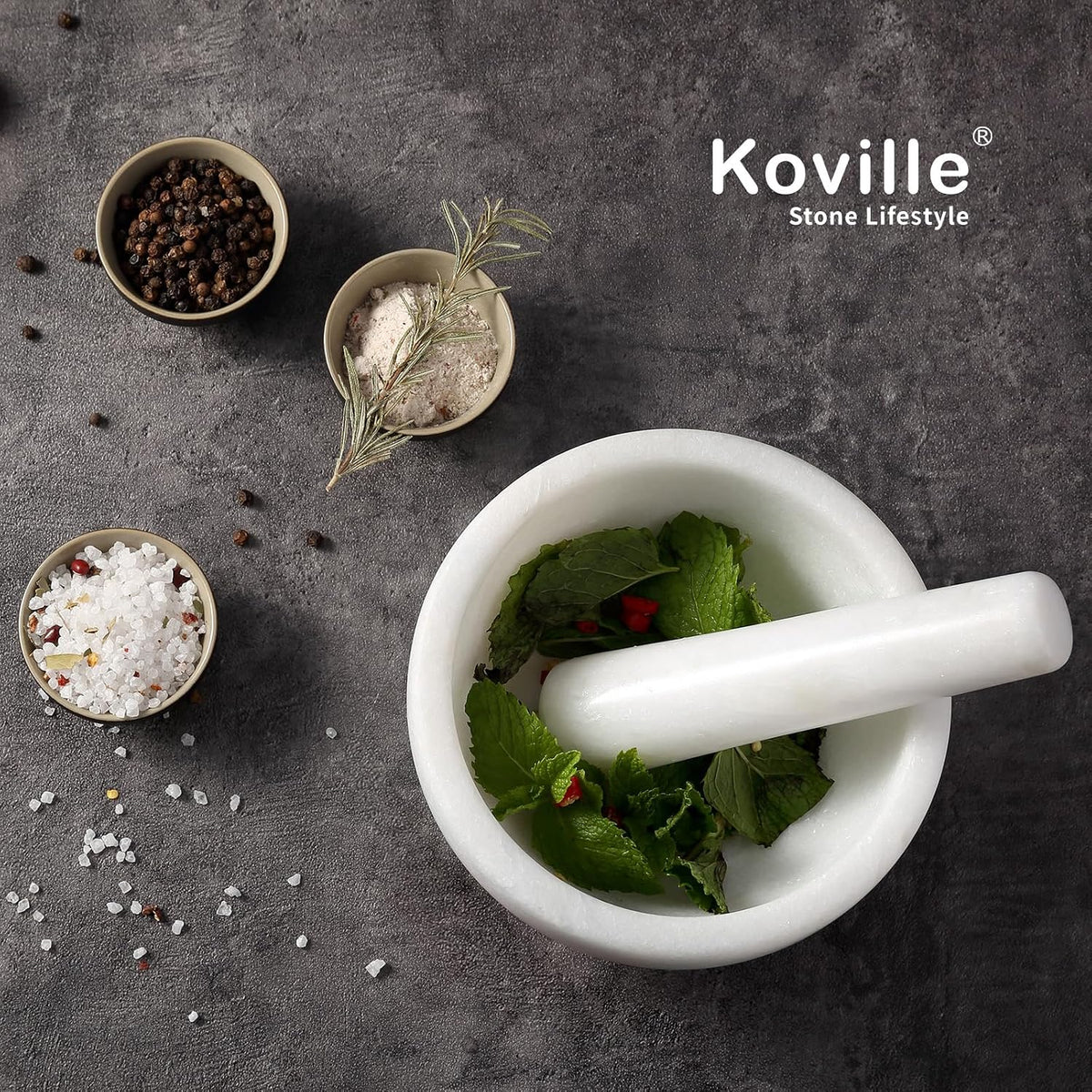 Koville Luxury Marble Mortar and Pestle Set, 7"-4cups Grinder Bowl for Guacamole, Salsa, Pill Crusher, Spice, Herb, Garlic, Nut, Heavy Duty Grinder for Kitchen