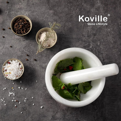 Koville Luxury Marble Mortar and Pestle Set, 7"-4cups Grinder Bowl for Guacamole, Salsa, Pill Crusher, Spice, Herb, Garlic, Nut, Heavy Duty Grinder for Kitchen