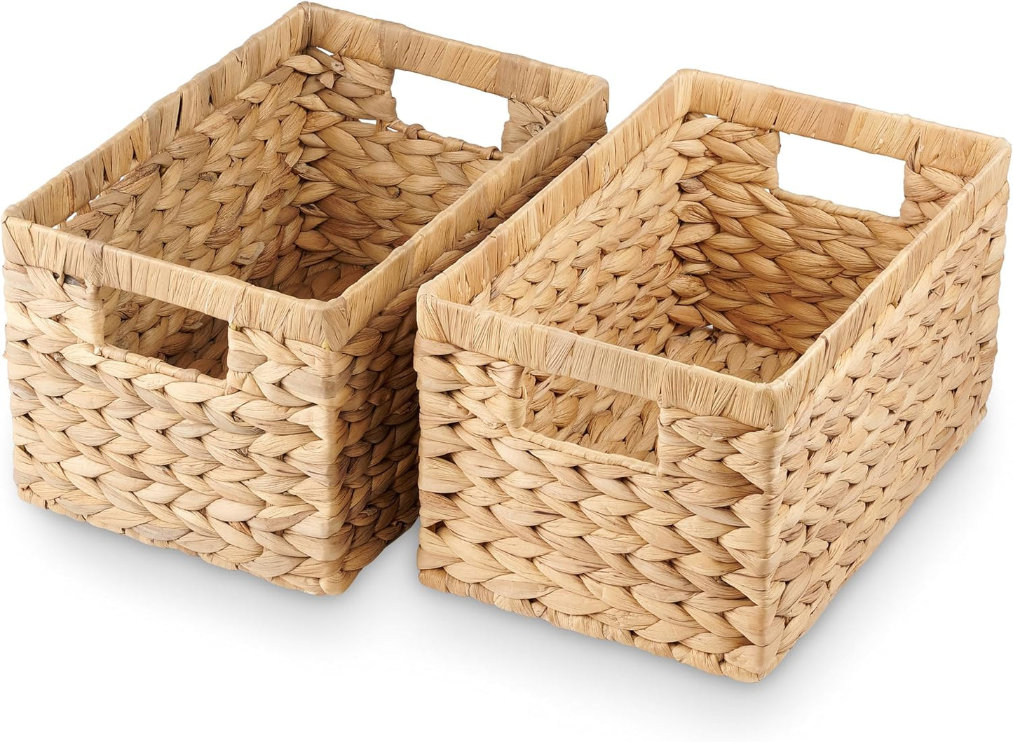 Water Hyacinth Storage Baskets Set of 2 - Medium Decorative Wicker Baskets for Organizing Shelves, Rectangular Woven Storage Bins with Handles for Pantry, Bathroom, Living Room 13"x9"x7"