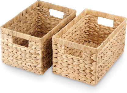 Water Hyacinth Storage Baskets Set of 2 - Medium Decorative Wicker Baskets for Organizing Shelves, Rectangular Woven Storage Bins with Handles for Pantry, Bathroom, Living Room 13"x9"x7"