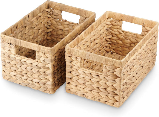 Water Hyacinth Storage Baskets Set of 2 - Medium Decorative Wicker Baskets for Organizing Shelves, Rectangular Woven Storage Bins with Handles for Pantry, Bathroom, Living Room 13"x9"x7"
