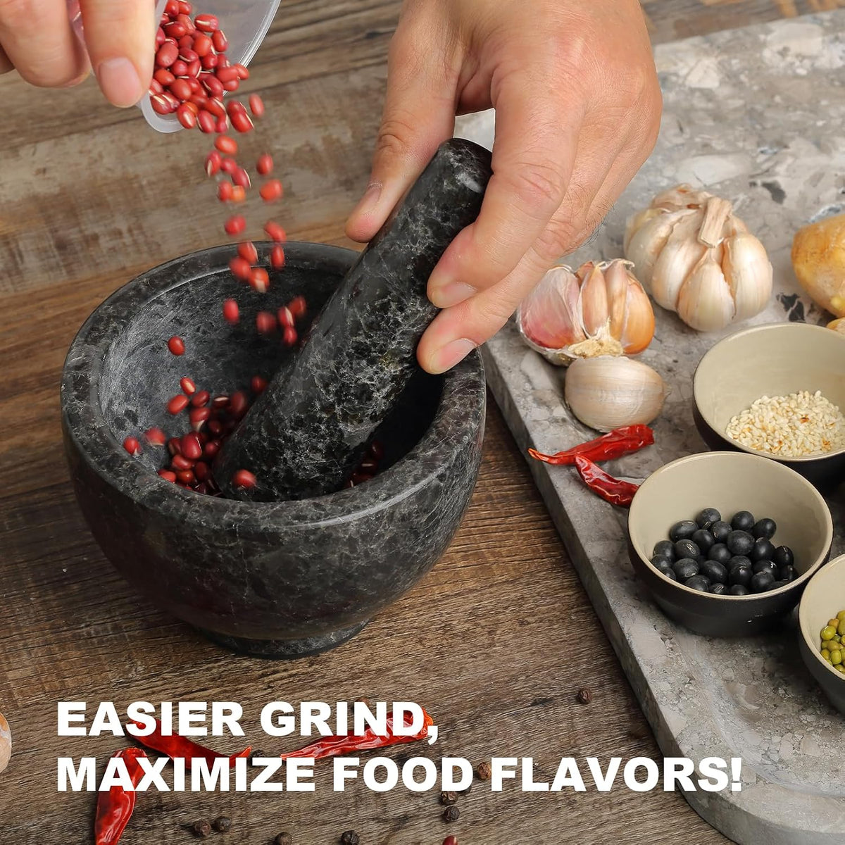 Koville Luxury Marble Mortar and Pestle Set, 7"-4cups Grinder Bowl for Guacamole, Salsa, Pill Crusher, Spice, Herb, Garlic, Nut, Heavy Duty Grinder for Kitchen