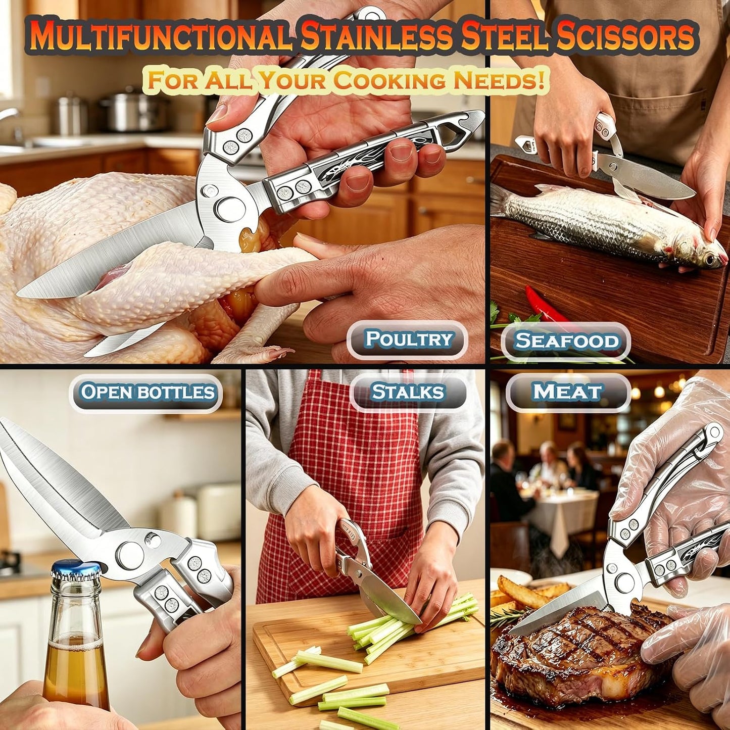 Heavy Duty Poultry Shears w/ 5 Anti-Cut Finger Covers, Stainless Steel Food Scissors for Chicken, Meat, Seafood, Dishwasher Safe Kitchen Shears for Bone Cutting & Thanksgiving Meals