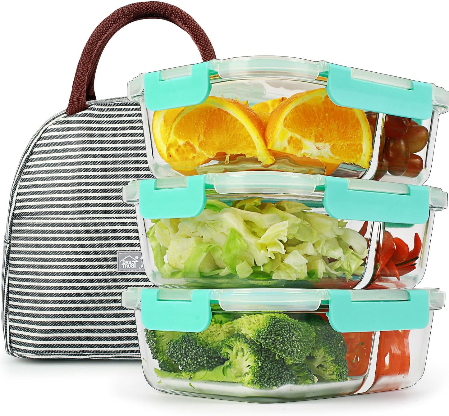 DAS TRUST 3 Pack Bento Box Glass Meal Prep Containers - 3 Compartment Glass Food Storage Containers with Lids - Lunch Box Meal Prep Bowls - Oven Safe