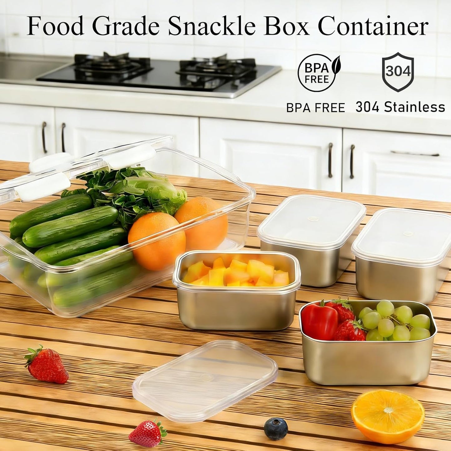Snackle Box Container, Stainless Steel Divided Serving Tray with Lid and Handle, Large Snack Tray for Fruit Veggie Candy, 8-Compartment Snack Platter for Travel Party Beach Picnic