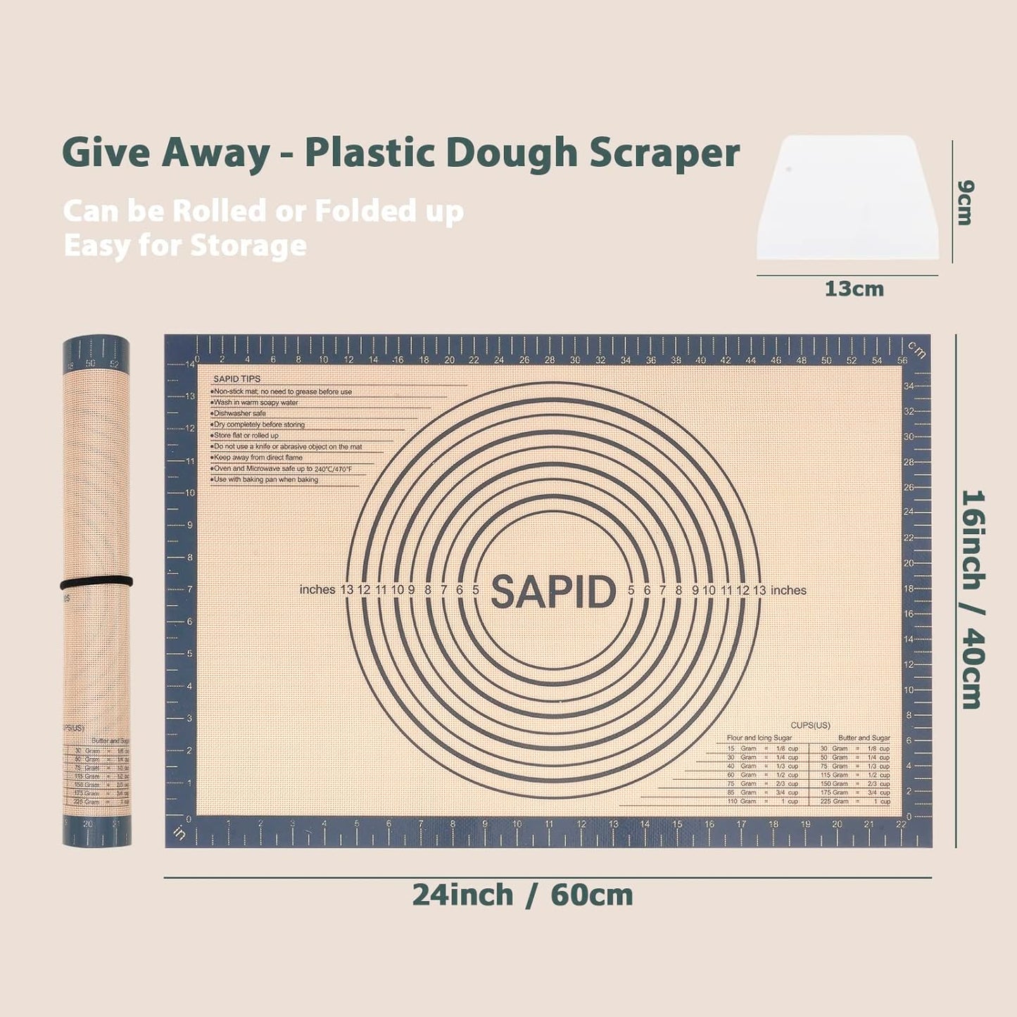 Sapid Extra Thick Silicone Pastry Mat Non-slip with Measurements for Non-stick Silicone Baking Mat Extra Large, Dough Rolling, Pie Crust, Kneading Mats, Countertop, Placement Mats (24" x 36", Gray)
