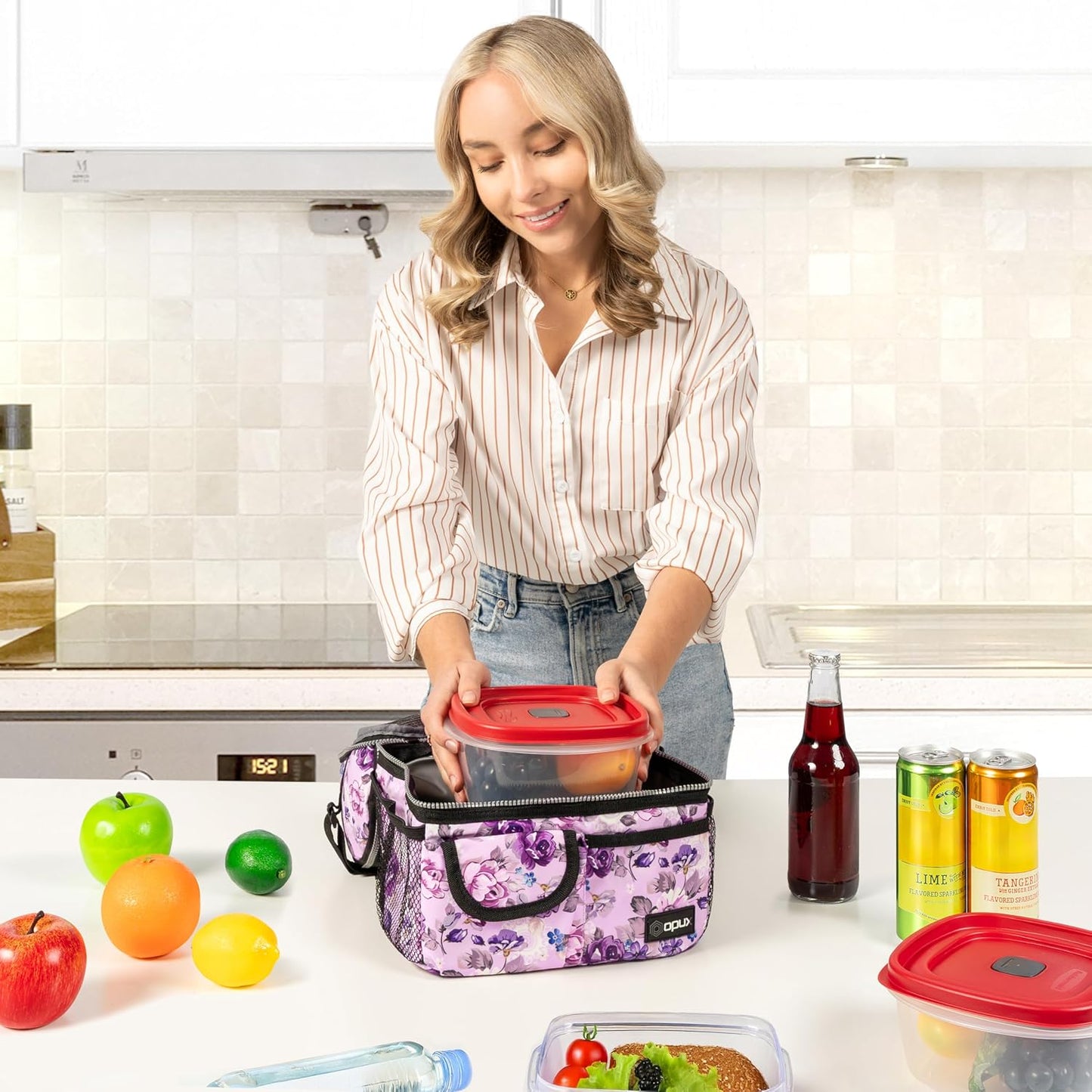opux Insulated Lunch Bag Women Men, Dual Compartment Leakproof Lunch Box Adults Kids, Double Decker Meal Prep Bento Lunch Cooler Tote with Shoulder Strap for Work Office School Travel, Floral Purple
