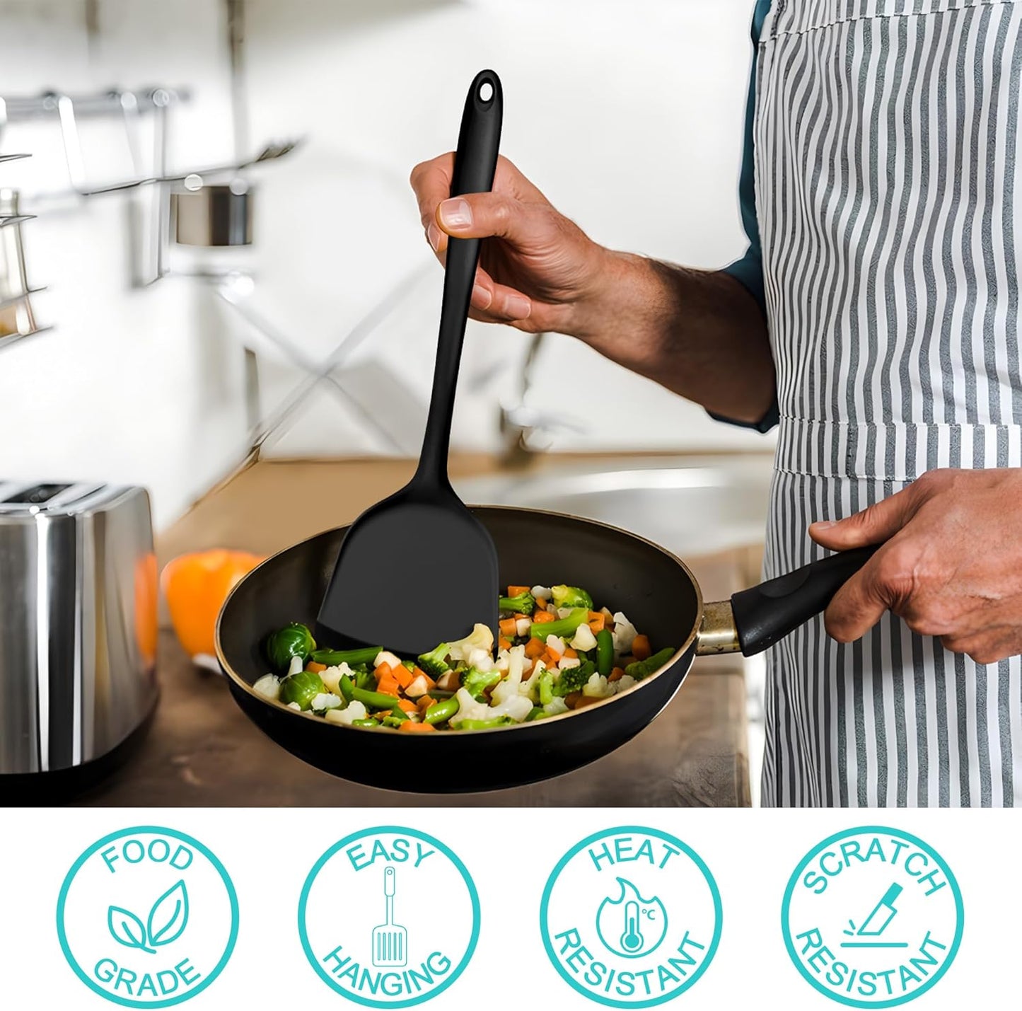 E-far Silicone Cooking Spoon Set of 2, Heat Resistant Kitchen Spoons Utensils Nonstick Mixing Spoon for Baking Stirring Serving, Non-Toxic & Dishwasher Safe (Black)