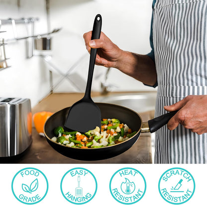 E-far Silicone Cooking Spoon Set of 2, Heat Resistant Kitchen Spoons Utensils Nonstick Mixing Spoon for Baking Stirring Serving, Non-Toxic & Dishwasher Safe (Black)