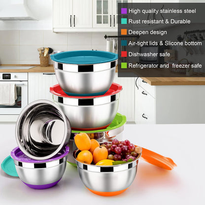 LIANYU Stainless Steel Mixing Bowls Sets of 6, Large 7, 3.5, 2.5, 2, 1.5, 1QT Size with Transparent Airtight Lids, Metal Nesting Serving Bowl Sets for Home Kitchen, Dishwasher & Freezer Safe, Black