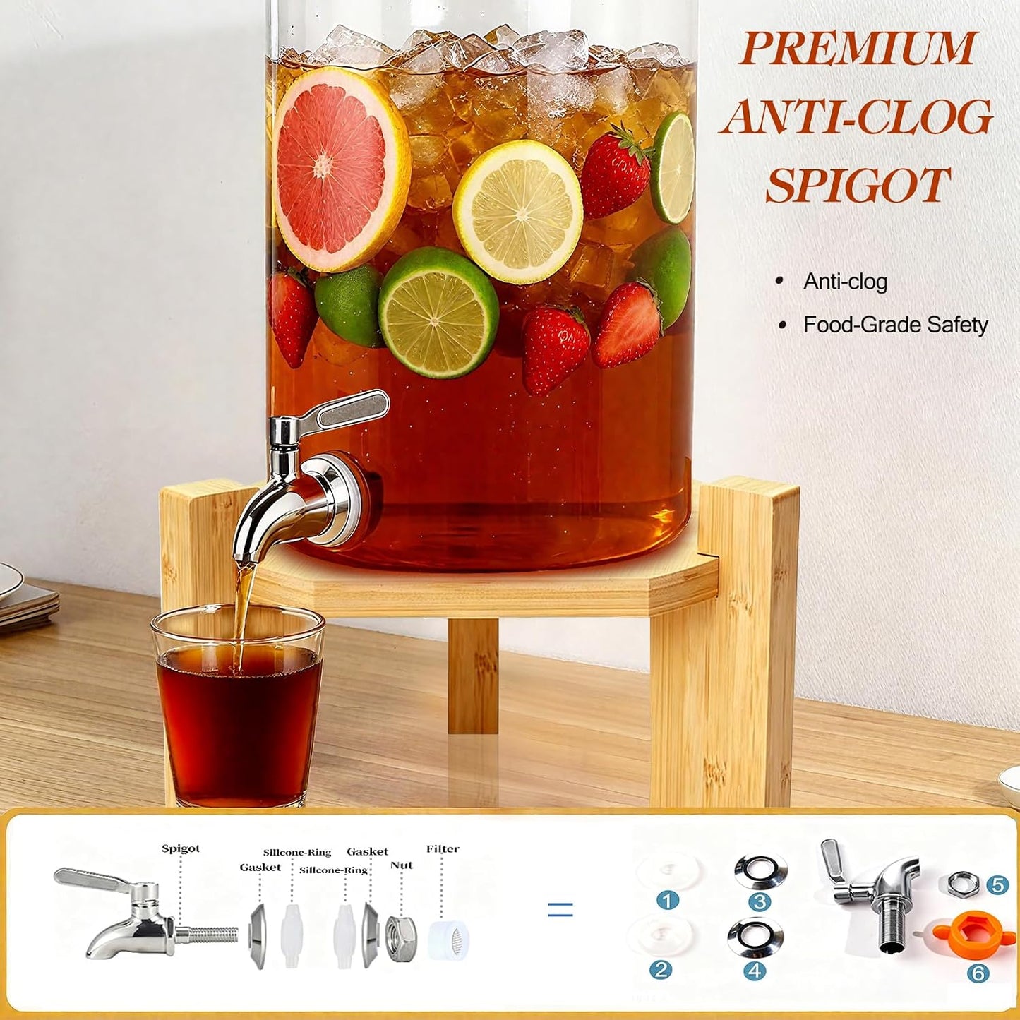 2.1 Gallon Drink Dispenser for Party,Glass Beverage Dispenser With Stand,Large Water Drink Dispensers for Parties with Anti-blocking Spigot,Party Drink Dispenser for Lemonade,Juice, Iced Tea