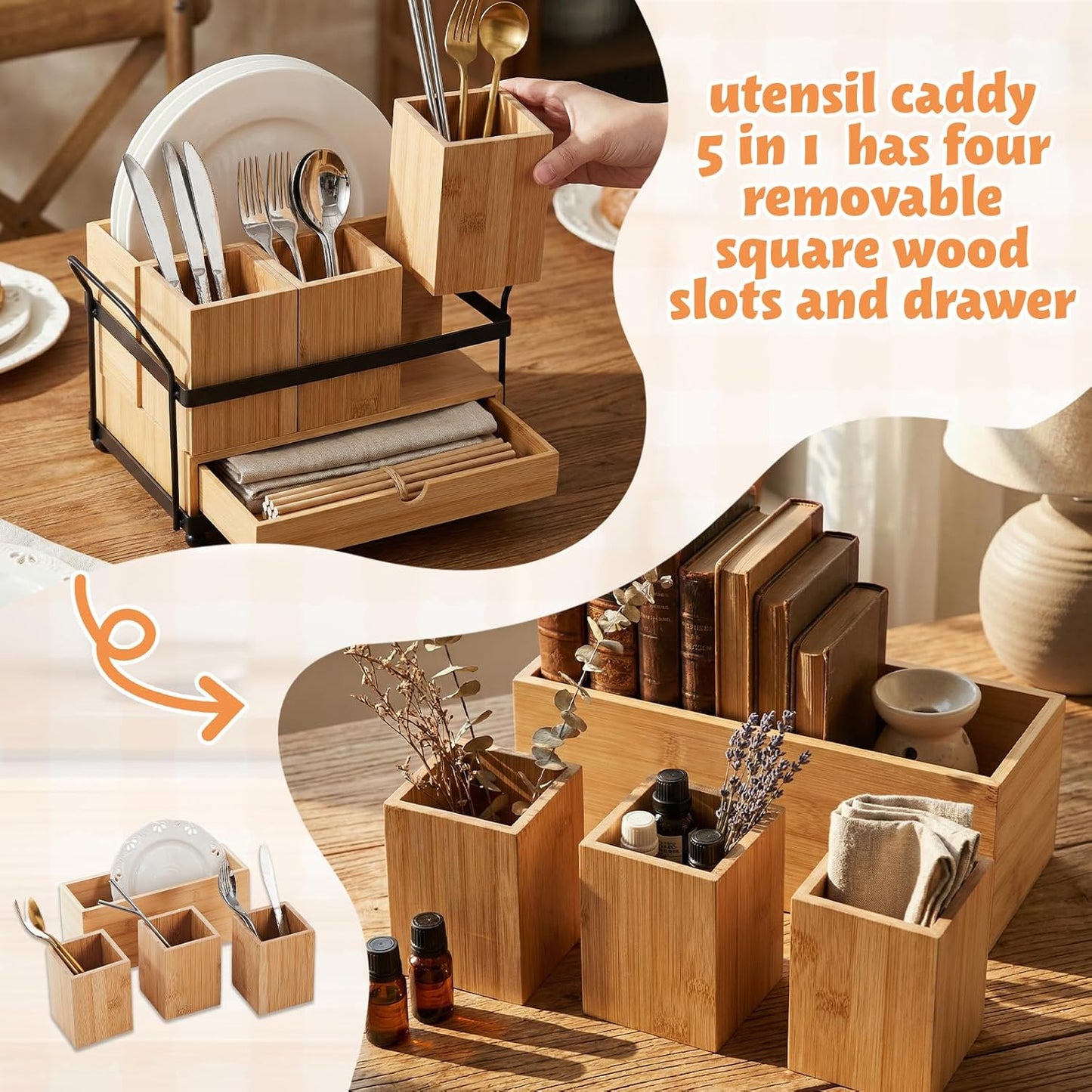 Qunclay Wooden Silverware Caddy with Drawer, Paper Plate Organizer Holder Dispenser for Party, Utensil Cutlery and Flatware Holder with 4 Compartments for Forks, Spoons, Napkins, Kitchen Countertop