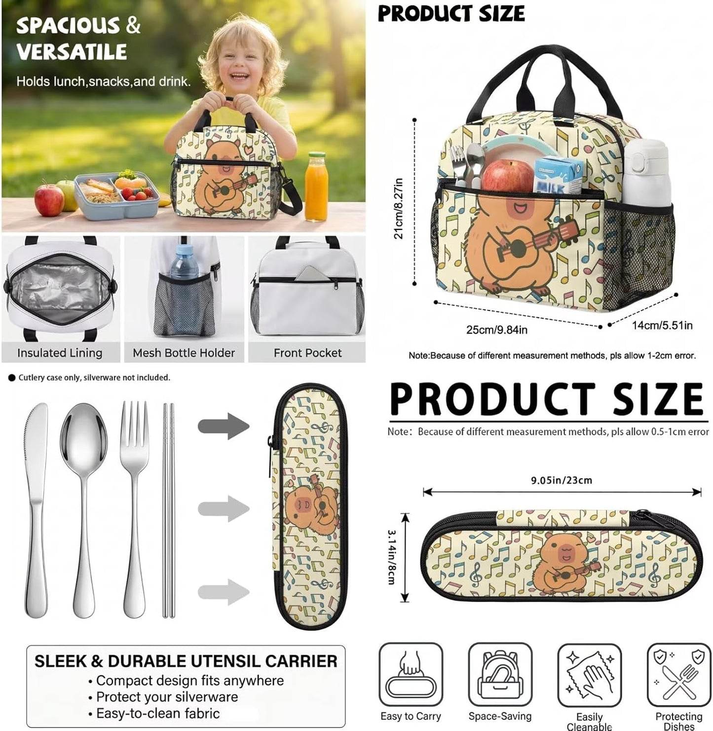 Cute Capybara Pizza Backpack for Girls, 5 Pcs Boys School Bag Set for Kids, 17 Inch Backpacks Lunch Pencil Box Reusable Utensils Case Set for Middle Elementary School, 3rd Grade Backpack