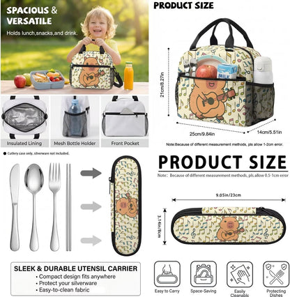 Cute Capybara Pizza Backpack for Girls, 5 Pcs Boys School Bag Set for Kids, 17 Inch Backpacks Lunch Pencil Box Reusable Utensils Case Set for Middle Elementary School, 3rd Grade Backpack