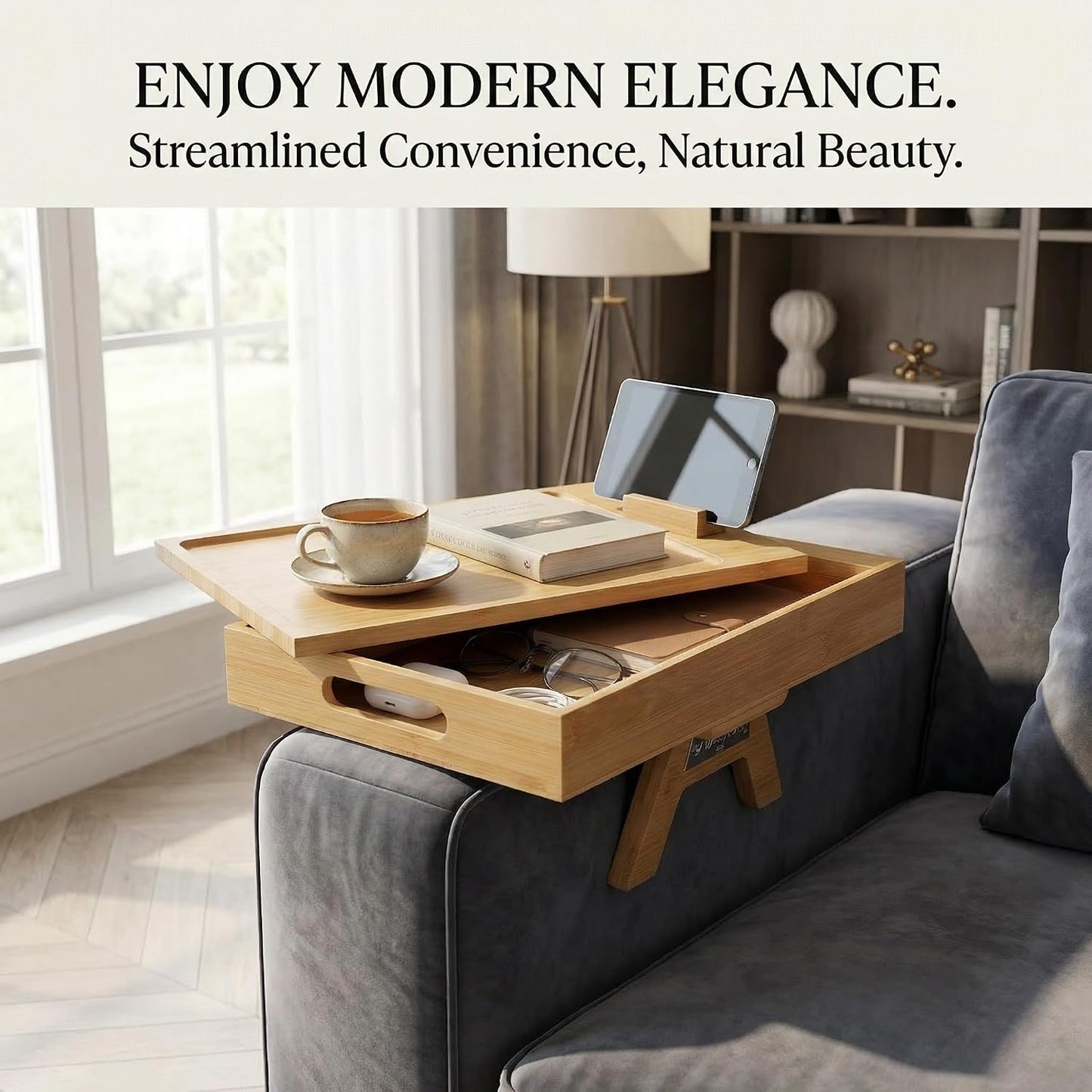Premium Bamboo Sofa Arm Tray with 360° Swivel Lid & Phone Holder | 3-in-1 Couch Armrest Table with Hidden Storage for Drinks, Snacks, Remote (lid)