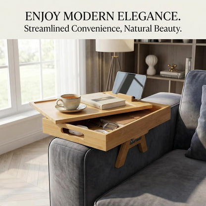 Premium Bamboo Sofa Arm Tray with 360° Swivel Lid & Phone Holder | 3-in-1 Couch Armrest Table with Hidden Storage for Drinks, Snacks, Remote (lid)