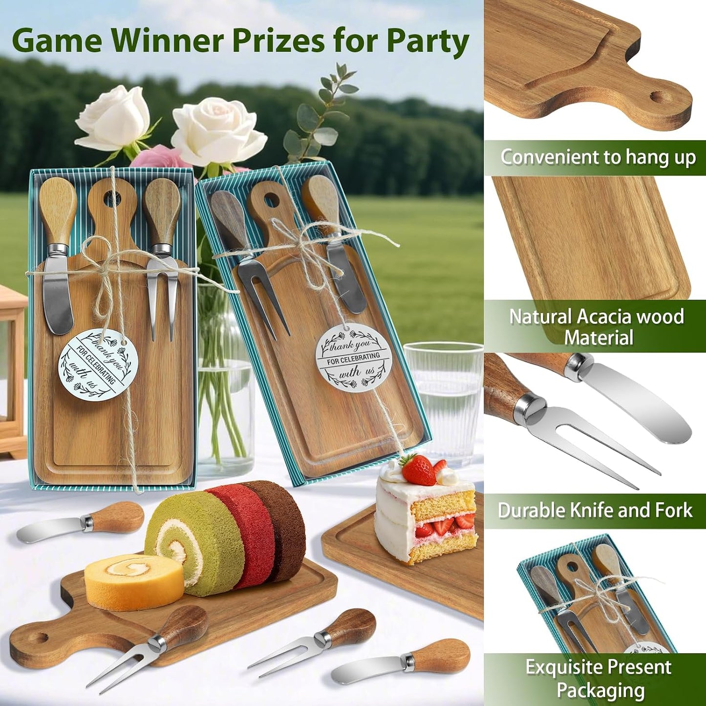 AZEAM 12 Sets Baby Bridal Shower Prizes for Game Winners, Bamboo Mini Cheese Board Set with Knife Fork and Present Box, Small Charcuterie Board Bulk for Party Wedding Guests Present