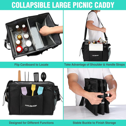 HAUSHOF Large Grill and Picnic Caddy with Paper Towel Holder, Condiment Pocket, Foldable BBQ Organizer Easy Carry Griddle Caddy for Camping, RV, Outdoor Waterproof Oxford Cloth (Black)