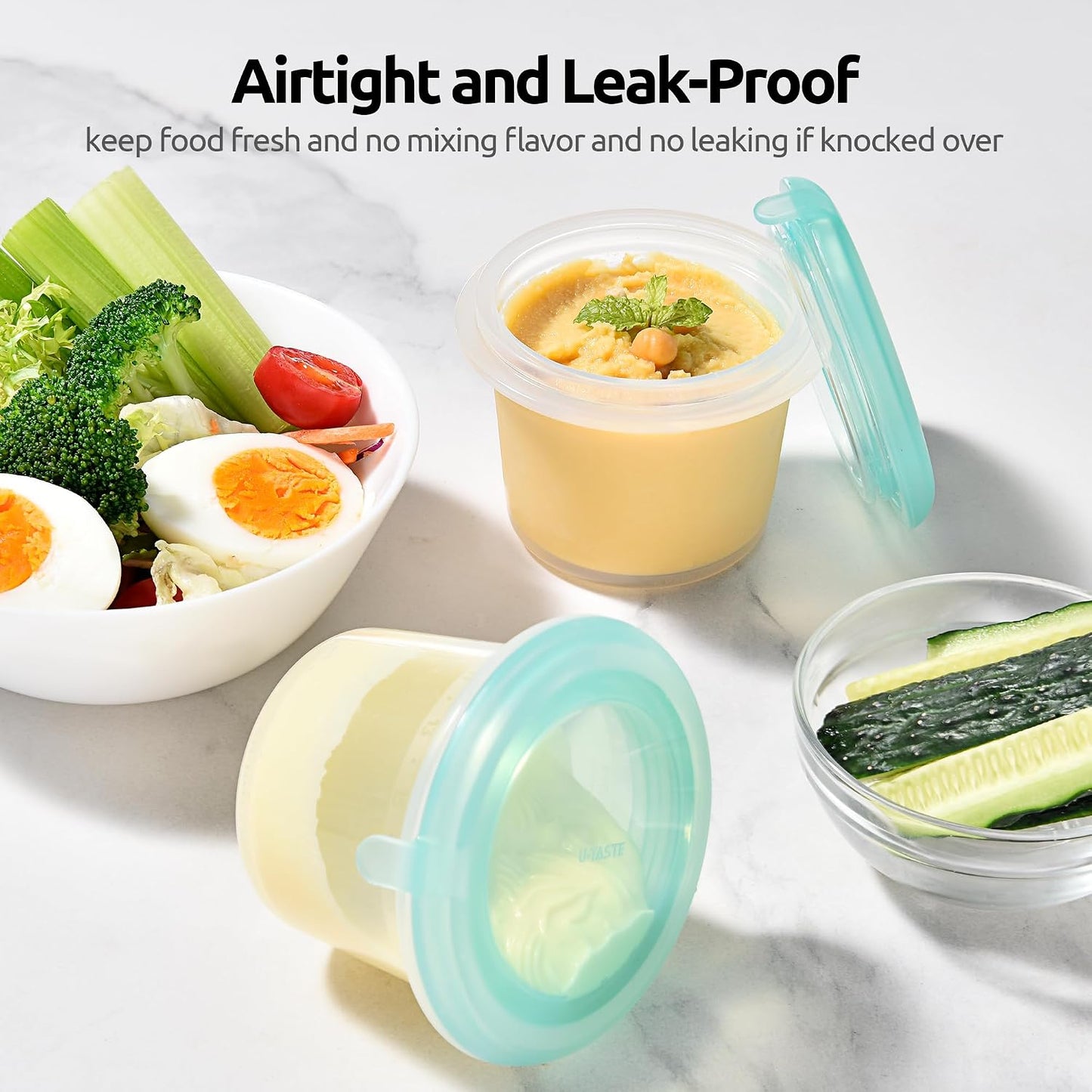 U-Taste Silicone Food Storage Containers Set: Meal Prep Box with Airtight Lid, Freezer & Microwave Safe, Date Marking Circle, Clear cup/oz/ml Measurement for Dry & Wet Deli -2oz/4oz/8oz/16oz, Aqua Sky