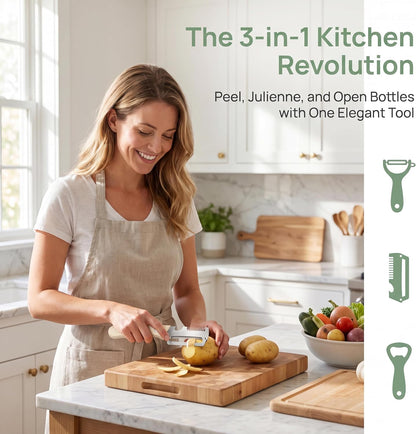 2-Piece Multi-Function Kitchen Peeler Set, 3-in-1 Stainless Steel Peeler with Built-in Bottle Opener and Non-Slip Wooden Handle, for Peeling Pumpkins, Potatoes, and Other Fruits and Vegetables