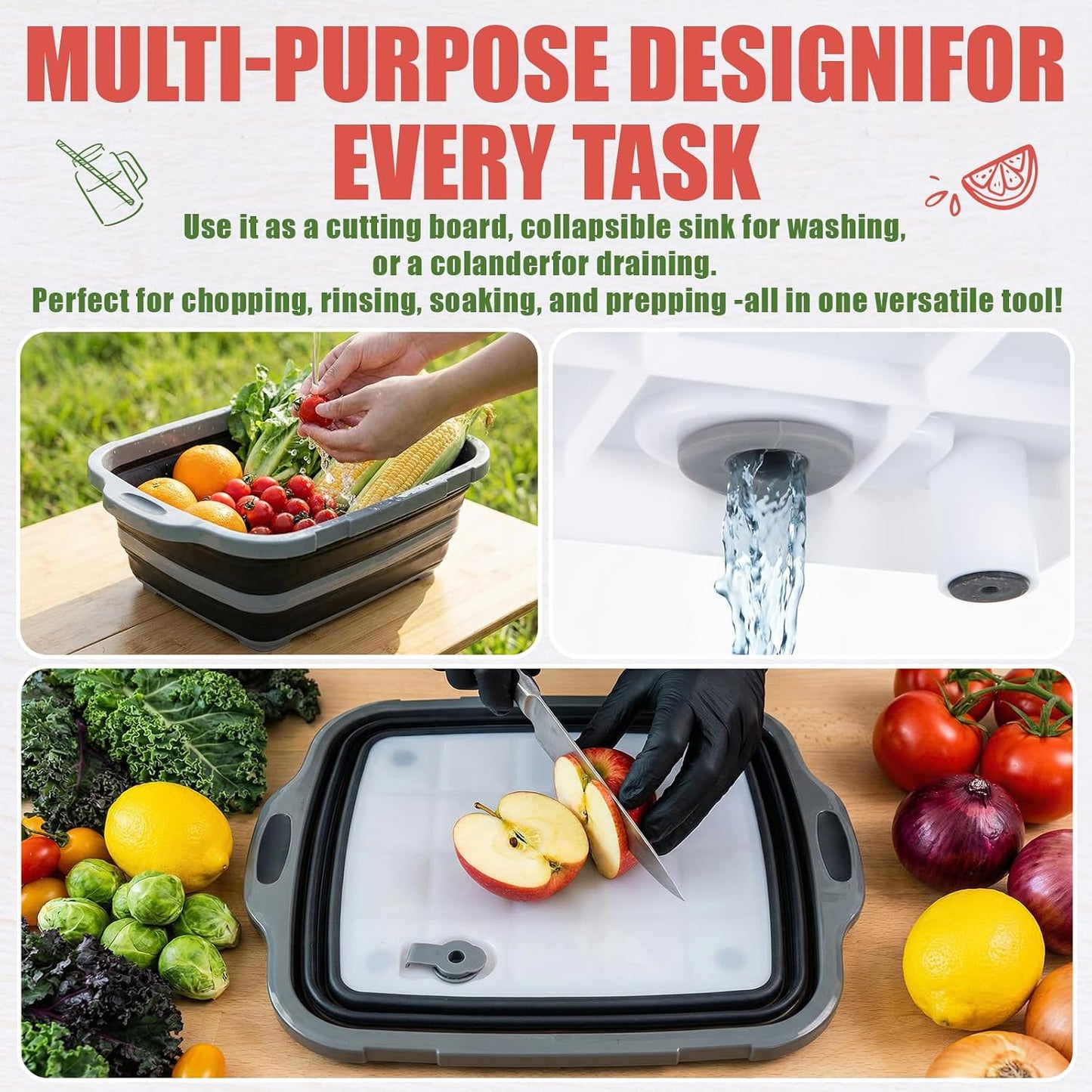2 Pack Collapsible BBQ Prep Tub with Lid 2 Gal (8 L) 4-in-1 Marinating Tub Cutting Board Serving Tray Drink Chiller for Meal Prep Marinating Food, Grilling Picnic Camping BBQ Outdoor