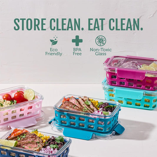 Ello Duraglass 3.4 Cup Meal Prep 10Pc,Set,Glass Food Storage Container with Silicone Sleeve and Airtight BPA-Free Plastic Lids,Dishwasher,Microwave & Freezer Safe,Evening Orchard,5 Count (Pack of 2)